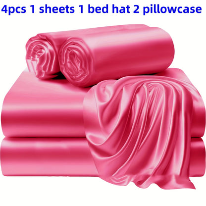3/4 Pieces Of Solid Color Silk Bed Sheets And Bed Skirts, 1/2 Pillowcases, A Set Of Three Or Four
