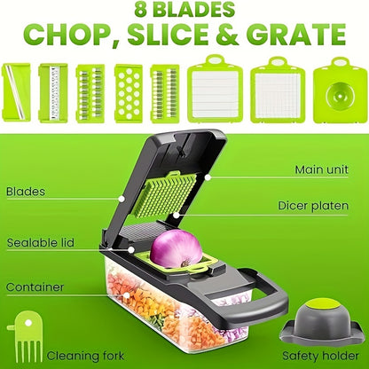 Multi-functional Vegetable Chopper - Time-saving and Labor-saving Food Chopper - Professional Vegetable Chopper and Diced Machine, 15 in 1 Multifunctional Vegetable Chopper with Storage Container