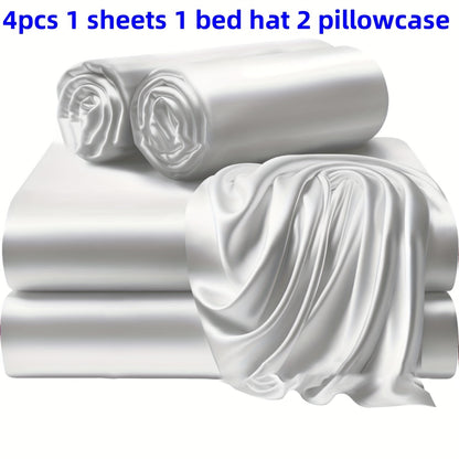 3/4 Pieces Of Solid Color Silk Bed Sheets And Bed Skirts, 1/2 Pillowcases, A Set Of Three Or Four