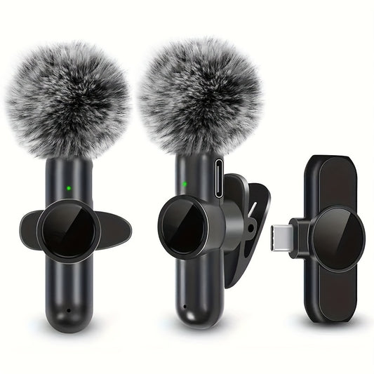 1set/2sets Wireless Microphone,Noise Cancellation Mini Lapel Microphone With Clear Audio, For Type-C Smart Phone, Wireless Mini Microphone With Windproof Cap For Recording, Interviewing & Live Streaming