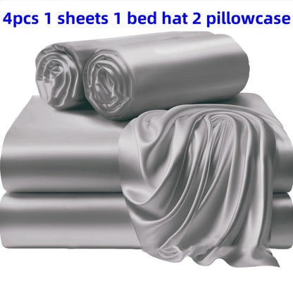 3/4 Pieces Of Solid Color Silk Bed Sheets And Bed Skirts, 1/2 Pillowcases, A Set Of Three Or Four