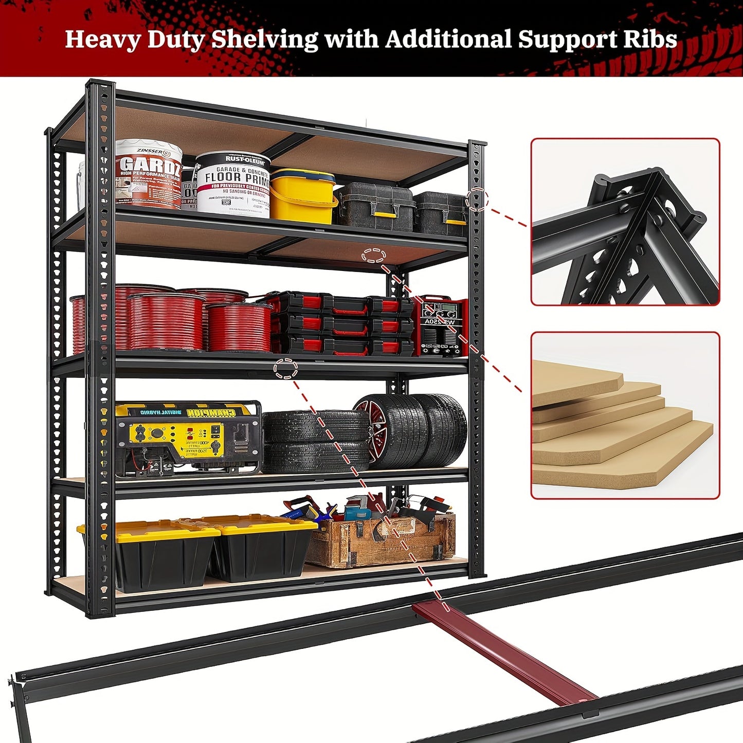 5-Tier Heavy Duty Metal Storage Shelving Unit, Adjustable, Rolled Edge Design, Easy Assembly, 3000LBS Capacity