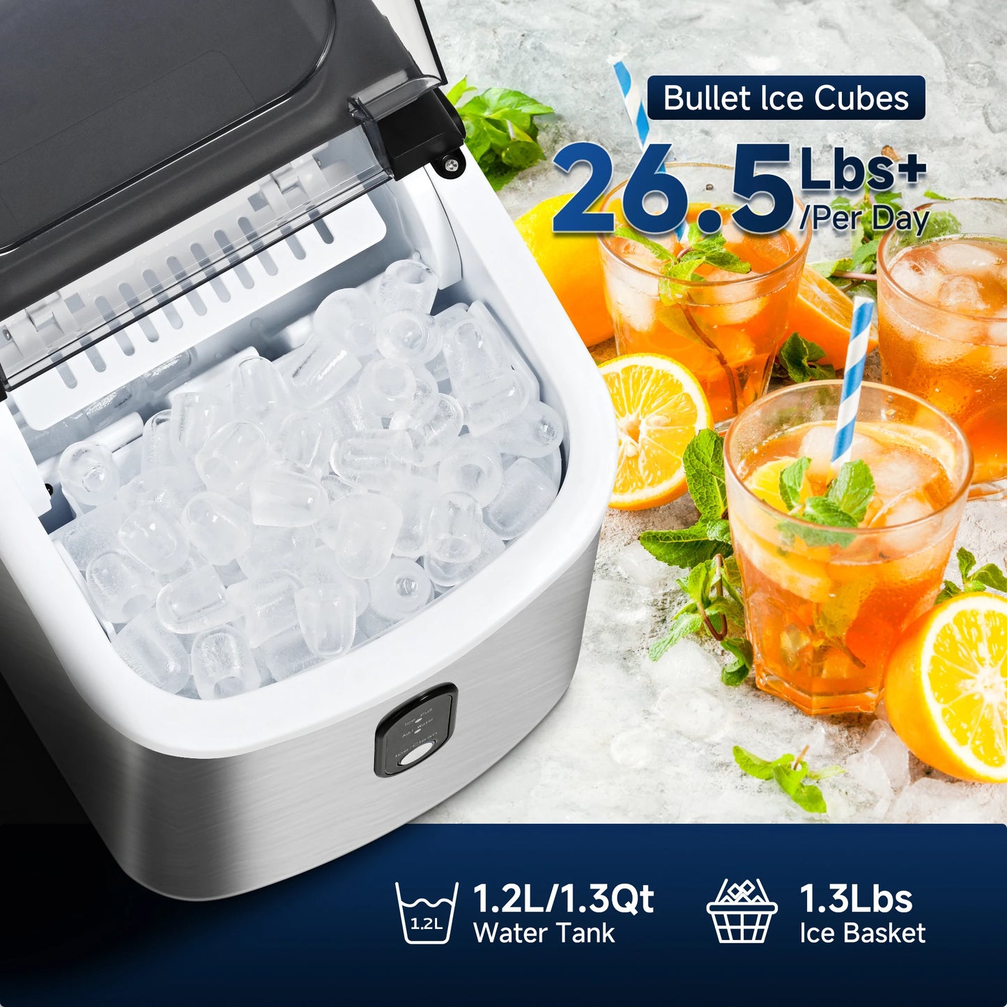 Mini Stainless Steel Portable Ice Maker Machine 26.5lbs/Day 9 Cubes in 6 Mins with Auto-Cleaning Basket and Scooper