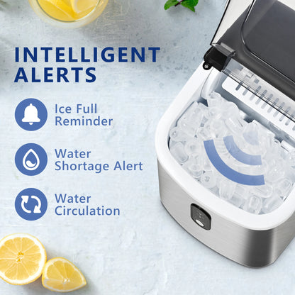Mini Stainless Steel Portable Ice Maker Machine 26.5lbs/Day 9 Cubes in 6 Mins with Auto-Cleaning Basket and Scooper