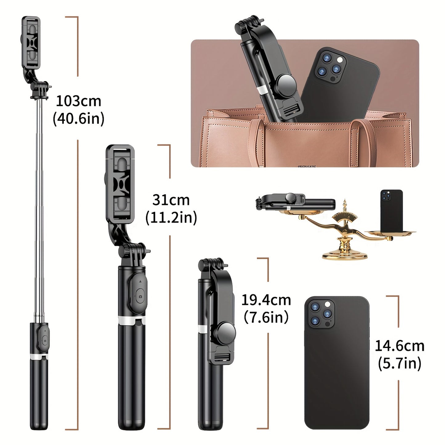 40" Cell Phone Selfie Stick Tripod, Extendable Selfie Stick All-in-1 Smartphone Tripod Stand With Wireless Remote 360°Rotation