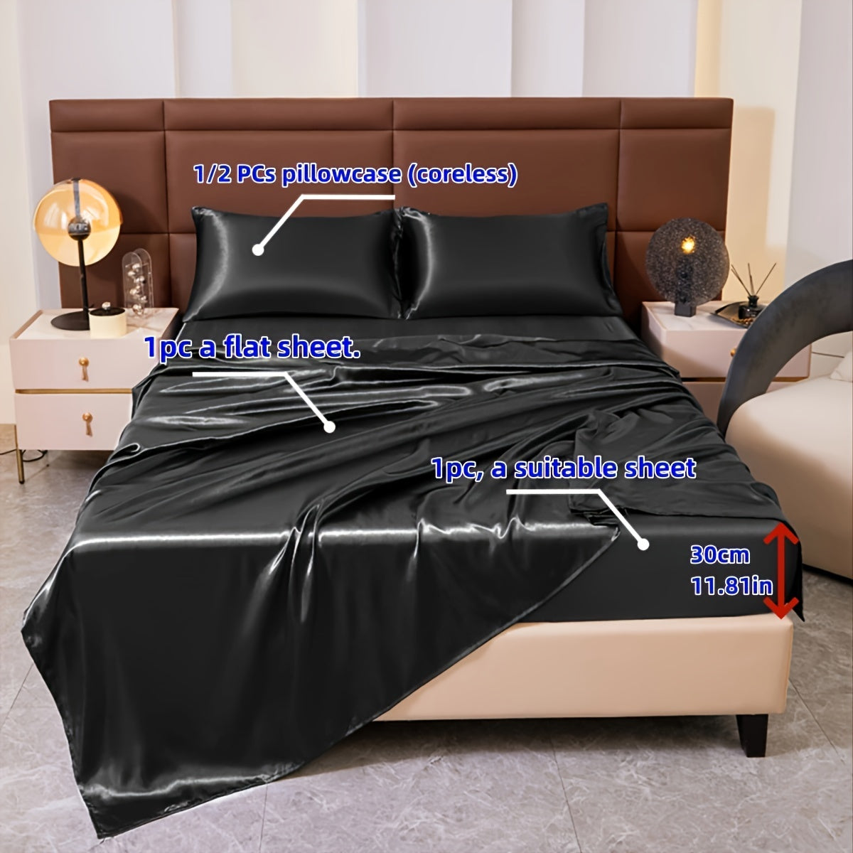 3/4 Pieces Of Solid Color Silk Bed Sheets And Bed Skirts, 1/2 Pillowcases, A Set Of Three Or Four