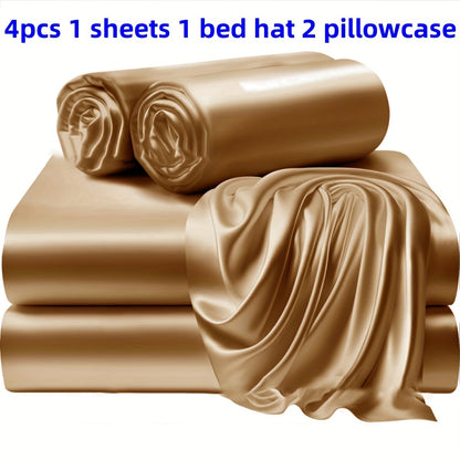 3/4 Pieces Of Solid Color Silk Bed Sheets And Bed Skirts, 1/2 Pillowcases, A Set Of Three Or Four