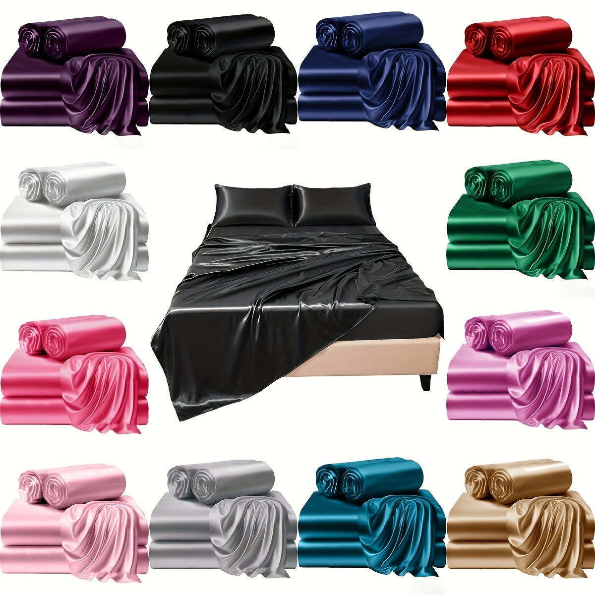 3/4 Pieces Of Solid Color Silk Bed Sheets And Bed Skirts, 1/2 Pillowcases, A Set Of Three Or Four