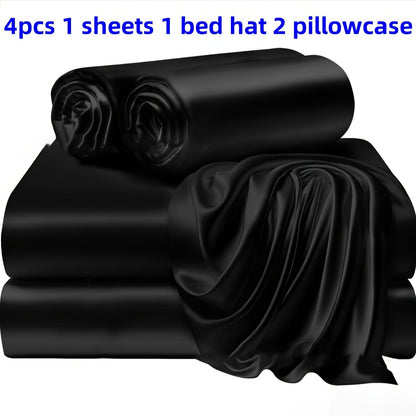 3/4 Pieces Of Solid Color Silk Bed Sheets And Bed Skirts, 1/2 Pillowcases, A Set Of Three Or Four
